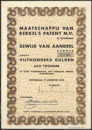 Maatschappij van Berkel's Patent N.V., Bewijs van Aandeel, 500 Gulden, 17 Augustus 1942