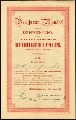Rotterdam-Borneo Maatschappij, Bewijs van aandeel, eerste serie, 1000 Gulden, 1 February 1888