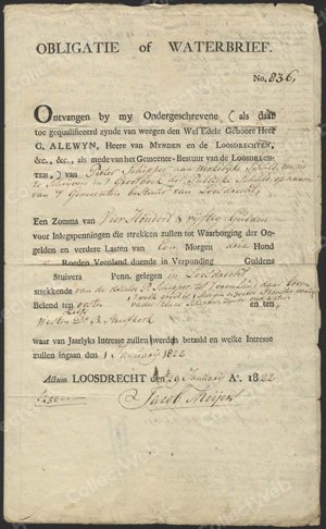 Nederland, Gemeente Loosdrecht, Obligatie of Waterbrief, 450 Gulden, 29 Januari 1822