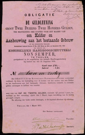 Koninklijke Handboogschutterij "Non Semper", Obligatie, 25 Gulden, 1 Maart 1877