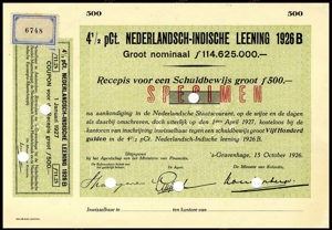Nederlandsch-Indie, 4,5% lening 1926B, Recepis voor een schuldbewijs, 500 Gulden, 15 October 1926, SPECIMEN