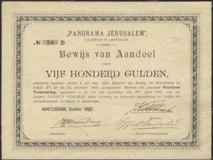 Panorama Jerusalem N.V., Bewijs van Aandeel, 500 Gulden, October 1890