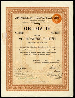 Vereeniging "Rotterdamsche Golfclub", Obligatie, 500 Gulden, 1 May 1934