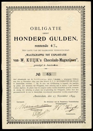 Maatschappij tot Exploitatie van W. Kuijk's Chocolade-Magazijnen N.V., Obligatie, 100 Gulden, 23 November 1899