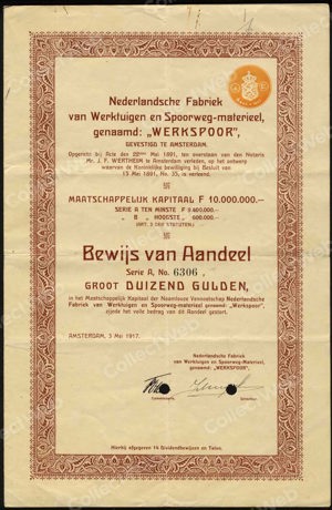 Nederlandsche Fabriek van Werktuigen en Spoorweg-Materieel, genaamd Werkspoor N.V., Bewijs van aandeel, 1000 Gulden, Serie A, 3 Mei 1917
