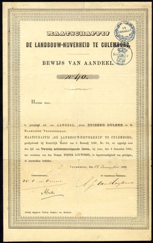 Maatschappij "De Landbouwnijverheid te Culemborg", Aandeel, 1000 Gulden, 15 December 1859