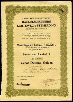 Handelsdrukkerij Korteweg & Stemerding N.V., Bewijs van aandeel A, 1000 Gulden, March 1921