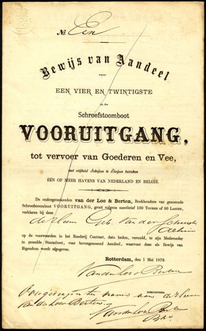 Schroefstoomboot Vooruitgang, tot vervoer van goederen en vee, Bewijs van 1/24 aandeel, 1 Mei 1879 (Number 1)