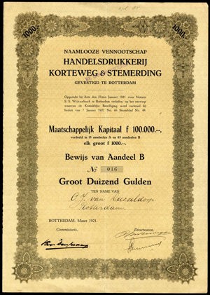 Handelsdrukkerij Korteweg & Stemerding N.V., Bewijs van aandeel B, 1000 Gulden, March 1921