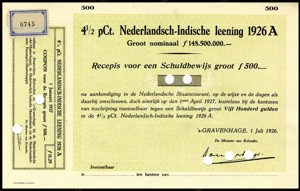 Nederlandsch-Indie, 4,5% lening 1926A, Recepis voor een schuldbewijs, 500 Gulden, 1 Juli 1926, SPECIMEN