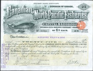 Canada, Canadian North Pacific Fisheries Limited, Certificaat voor 25 gewone aandelen, 125 Dollar, 19 Maart 1912