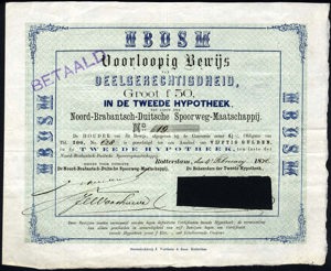 Noord-Brabantsch-Duitsche Spoorweg-Maatschappij Boxtel - Wesel, Voorloopig bewijs van deelgerechtigdheid, 50 Gulden, 4 February 1876