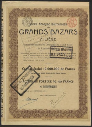 Belgium, Grands Bazars a Liege SA, Action, 100 Francs, 1 Septembre 1904