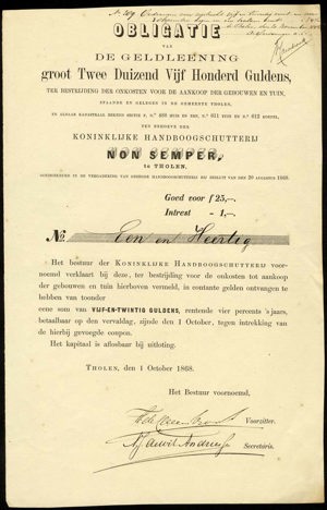 Koninklijke Handboogschutterij "Non Semper", Obligatie, 25 Gulden, 1 Oktober 1868