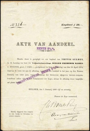 Nederland, Vrijmetselaars-Loge Willem Frederik Karel, Akte van aandeel (Obligatie), 50 Gulden, Helder 1 January 1875