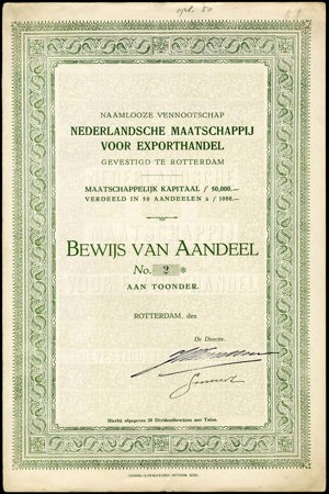 Nederlandsche Maatschappij voor Exporthandel N.V., Bewijs van aandeel, 1000 Gulden, (1930)