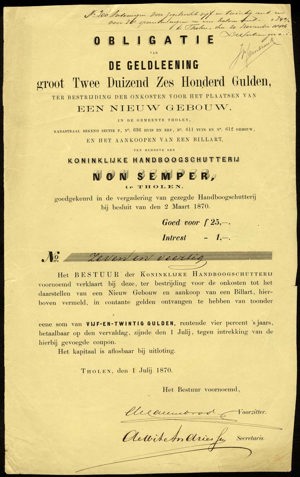 Koninklijke Handboogschutterij "Non Semper", Obligatie, 25 Gulden, 1 Juli 1870