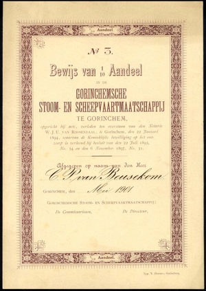 Gorinchemsche Stoom- en Scheepvaartmaatschappij, Bewijs van 1/10 aandeel, May 1901