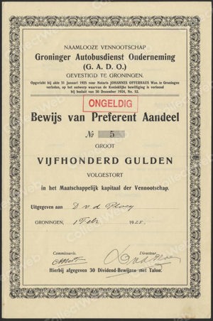 Groninger Autobusdienst Onderneming N.V., Bewijs van Preferent Aandeel, 500 Gulden, 1 Februari 1925