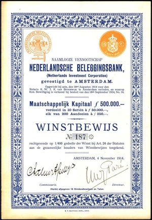 Nederlandsche Beleggingsbank N.V., Winstbewijs, 1/400 part, 4 November 1914