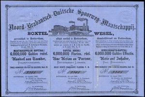 Noord-Brabantsch-Duitsche Spoorweg-Maatschappij Boxtel - Wesel, Aandeel, 250 Gulden, 15 Augustus 1869