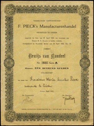 F. Pieck's Manufacturenhandel N.V., Bewijs van aandeel A, 1000 Gulden, April 1922, No. 1