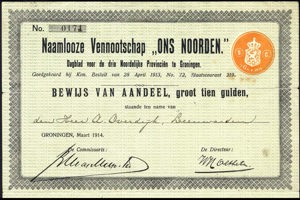 Ons Noorden, Dagblad voor de drie Noordelijke Provinciën N.V., Bewijs van aandeel, 10 Gulden, March 1914