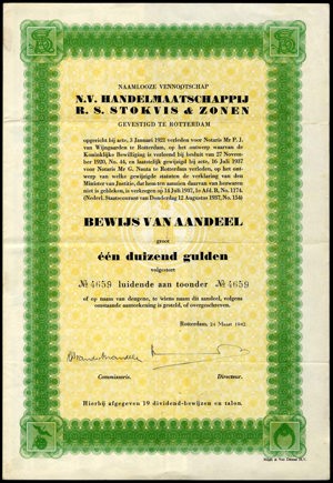 Handelmaatschappij R.S. Stolvis & Zonen N.V., Bewijs van aandeel, 1000 Gulden, 24 March 1942