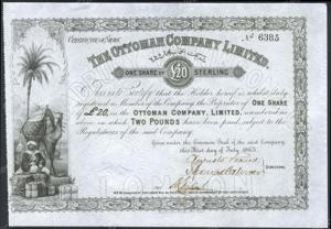 Great Britain, The Ottoman Company Limited, Certificate of one shere, 20 Pounds, 1 July 1865