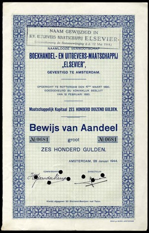 Boekhandel- en Uitgevers-Maatschappij "Elsevier" N.V., Bewijs van aandeel, 600 Gulden, 28 January 1944