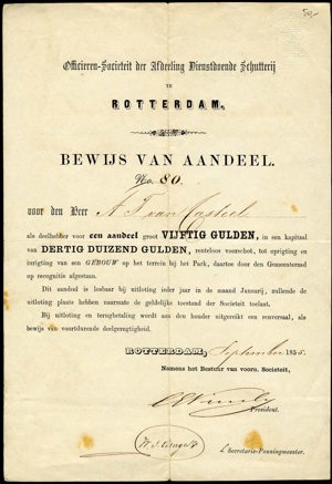 Officieren-Societeit der Afdeling Dienstdoende Schutterij te Rotterdam, Bewijs van aandeel, 50 Gulden, September 1855