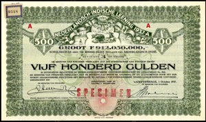 Nederlandsch-Indie, 3% Lening 1937A, Schuldbewijs, 500 Gulden, 1 October 1937, SPECIMEN