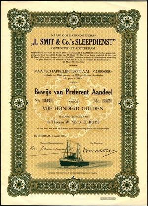L. Smit & Co.'s Sleepdienst NV, Bewijs van preferent aandeel, 500 Gulden, 1 April 1934