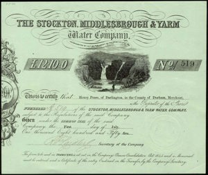The Stockton, Middlesbrough & Yarm Water Company, Share certificate, 12 Pounds and 10 Shilling, 1 July 1855