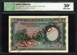 Nigeria, P 5s, B204as3, 5 Pounds, 15 September 1958, SPECIMEN