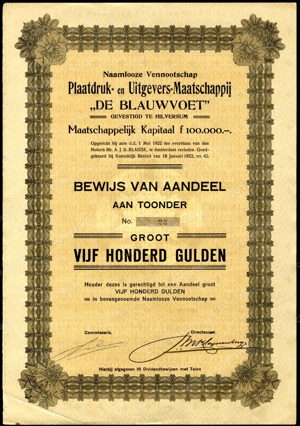 Plaatdruk- en Uitgevers-Maatschappij "De Blauwvoet" NV, Bewijs van aandeel, 500 Gulden, 1922