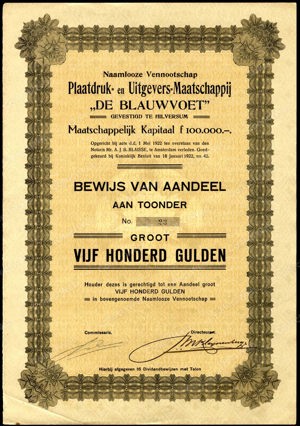 Nederland, Plaatdruk- en Uitgevers-Maatschappij "De Blauwvoet" NV, Bewijs van aandeel, 500 Gulden, 1922