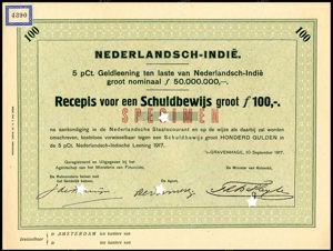 Nederlandsch-Indie, 5% lening 1917, Recepis voor een schuldbewijs, 100 Gulden, 10 September 1917, SPECIMEN