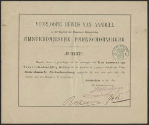 Amsterdamsche Parkschouwburg N.V., Voorloopig Bewijs Van Aandeel, 250 Gulden, 11 Mei 1887