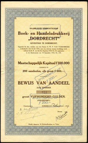 Boek- en Handelsdrukkerij "Dordrecht" N.V., Bewijs van aandeel, 500 Gulden, February 1919
