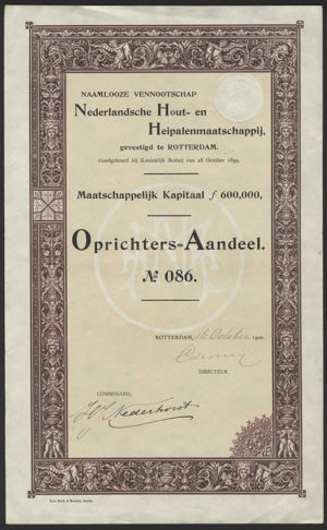 Nederlandsche Hout-en Heipalenmaatschappij NV, Oprichtersaandeel, 16 October 1900