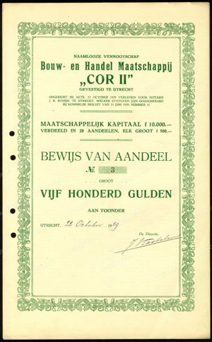 Bouw- en Handel Maatschappij "Cor II" N.V., Bewijs van aandeel, 500 Gulden, 22 October 1929