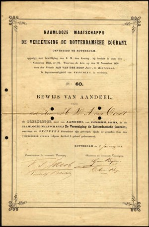 Naamlooze Maatschappij De Vereeniging de Rotterdamsche Courant, Bewijs van aandeel, 500 Gulden, 2 Januari 1860