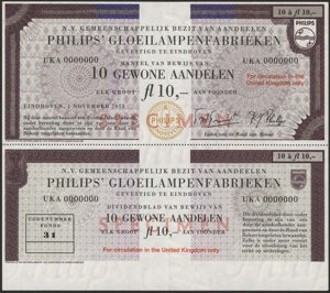 Gemeenschappelijk Bezit van Aandeelen Philips' Gloeilampenfabrieken N.V., 10 Gewone aandelen van 10 Gulden, 1 November 1973, Specimen