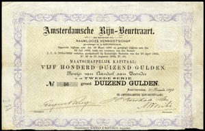 Amsterdamsche Rijn-Beurtvaart N.V., Bewijs van aandeel aan toonder, Tweede serie, 1000 Gulden, 30 November 1892