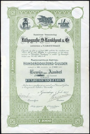 Lithografie v/h S. Lankhout & Co. N.V., Bewijs van aandeel, 1000 Gulden, 1 July 1903