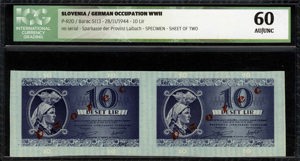 Slovenia, P R5s, B105as2, Barac S113s, Sheet of 2x 10 Lira, 28 November 1944, SPECIMEN