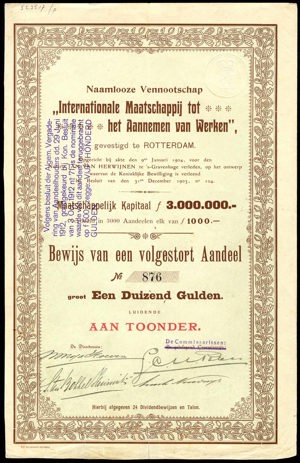 Internationale Maatschappij tot het Aannemen van Werken N.V., Bewijs van een volgestort aandeel, 1000 Gulden, 1904