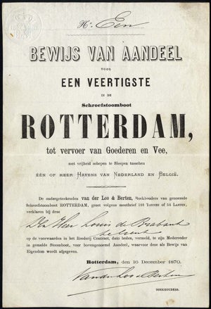 Schroefstoomboot "Rotterdam" tot vervoer van goederen en vee, Bewijs van aandeel, 1/40 aandeel, 10 December 1870, No. 1