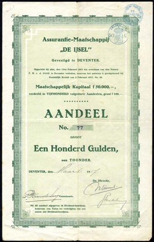 Assurantie-Maatschappij "De IJssel", Aandeel, 100 Gulden, Maart 1917